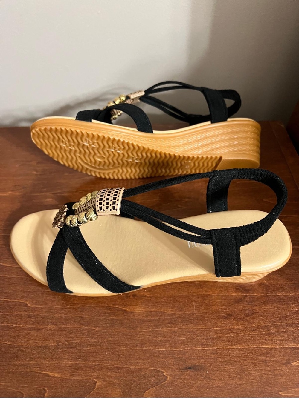 Women’s Black Wedge Sandals with Gold Accent